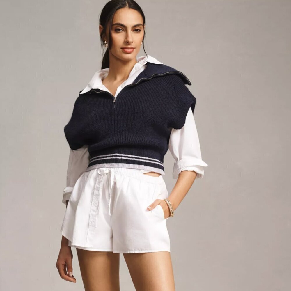 Anthropologie Women's Maeve Quarter-Zip Sweater Tee Navy Blue Size XS